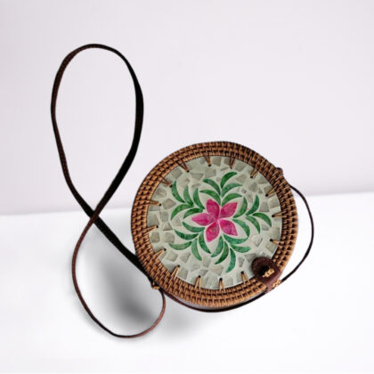 Mosaic Flower Round Rattan Bag